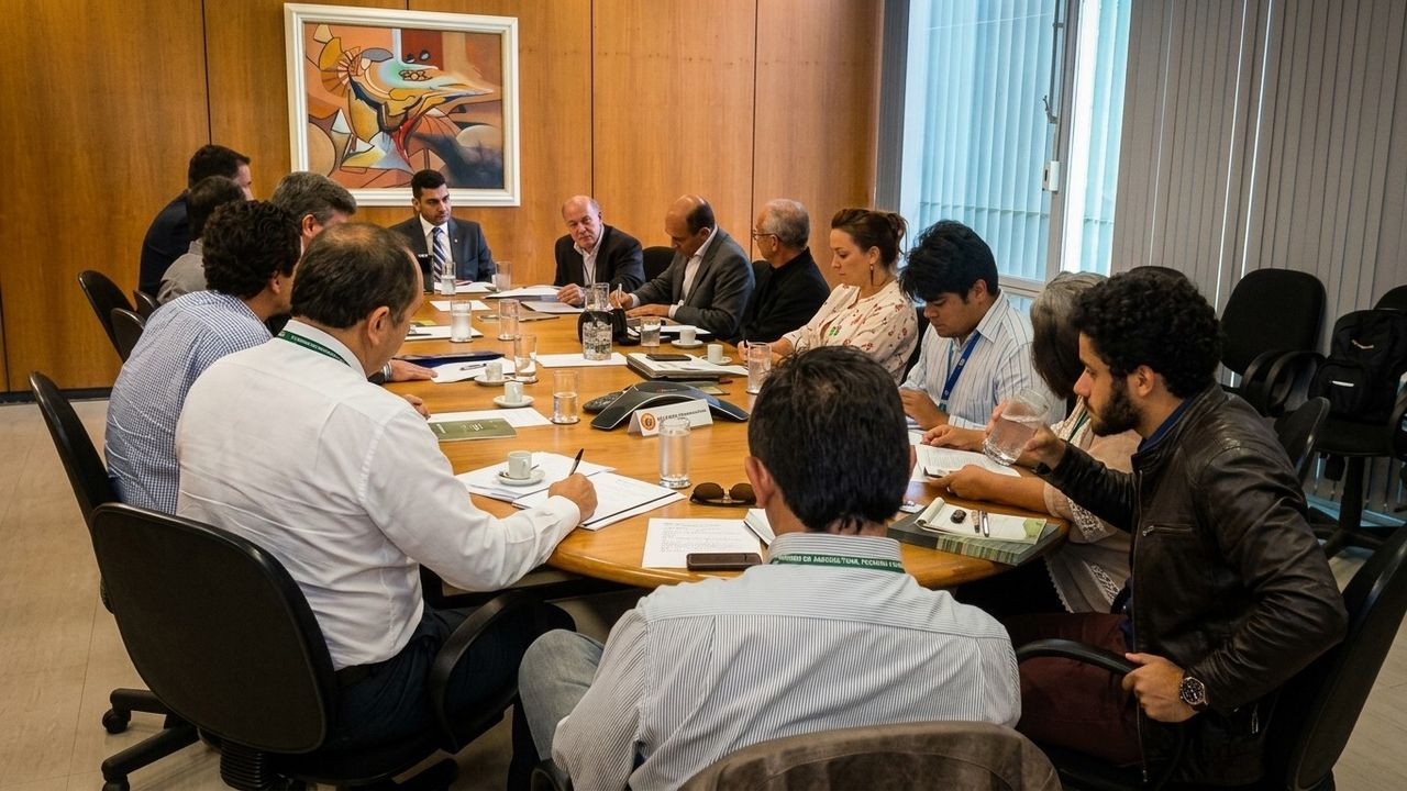 Reunião em mesa redonda no Ministério da Agricultura, com Cynthia M. Cominesi entre os participantes.